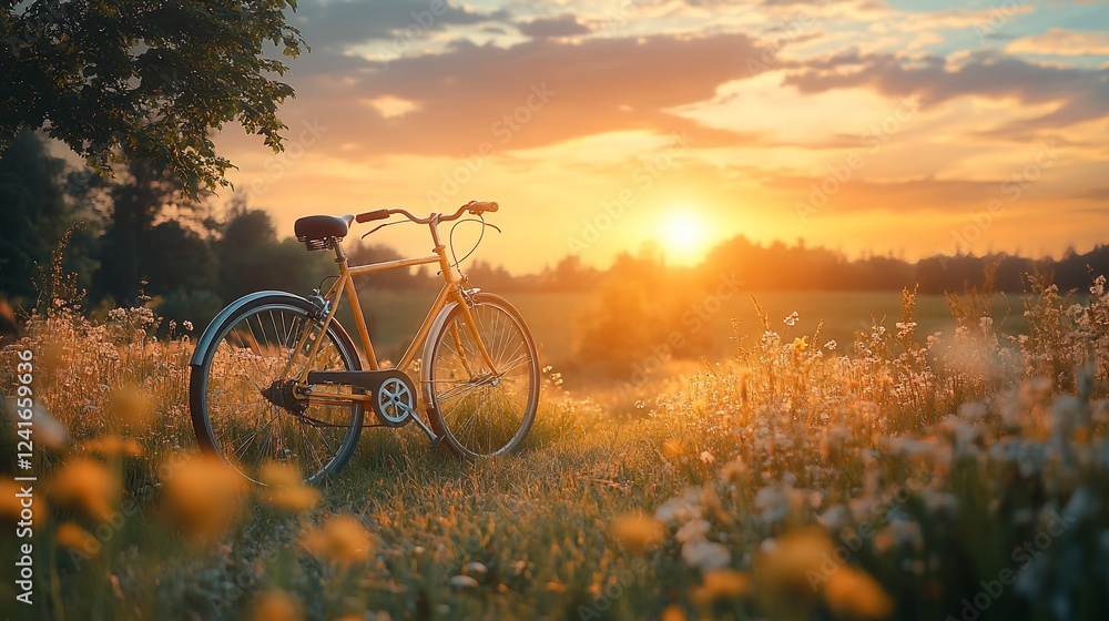 Fototapeta premium Sunset bicycle field summer nature landscape