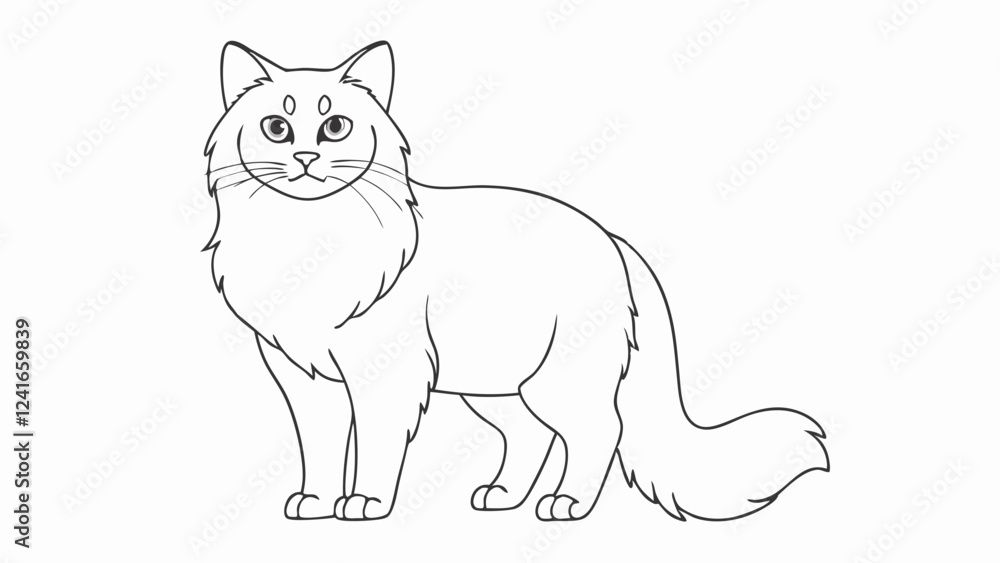 Long-haired cat standing in profile view. Elegant Norwegian Forest Cat features with flowing fur. Cartoonish style depiction. Concept of: pet grooming, breed showcase, animal art. Long-haired cat standing in profile view. Elegant Norwegian Forest Cat features with flowing fur. Cartoonish style depiction. Concept of: pet grooming, breed showcase, animal art.