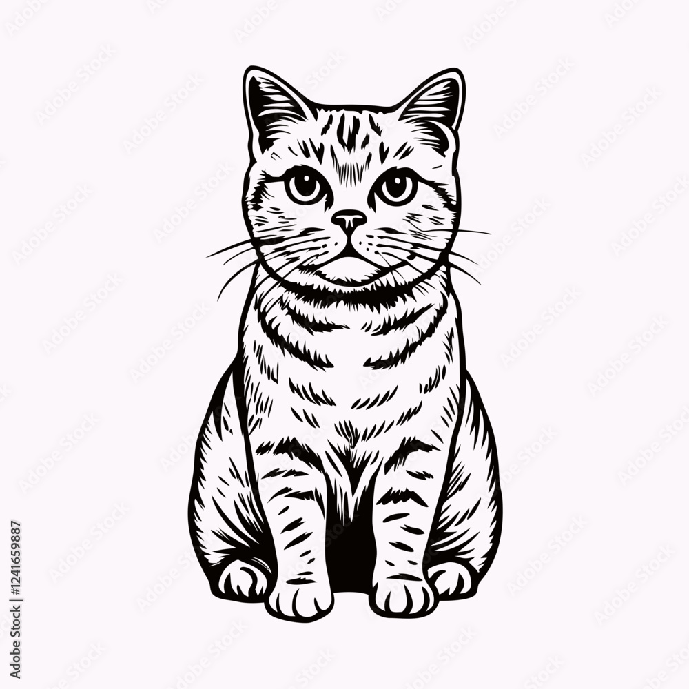 Fototapeta premium Seated British Shorthair cat in vintage woodcut style. Direct gaze at viewer with composed posture. Clean white background. Concept of: pet art, vintage illustration, animal portraits.