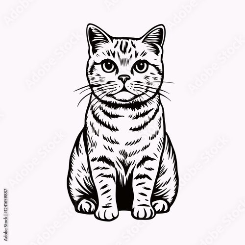 Seated British Shorthair cat in vintage woodcut style. Direct gaze at viewer with composed posture. Clean white background. Concept of: pet art, vintage illustration, animal portraits.