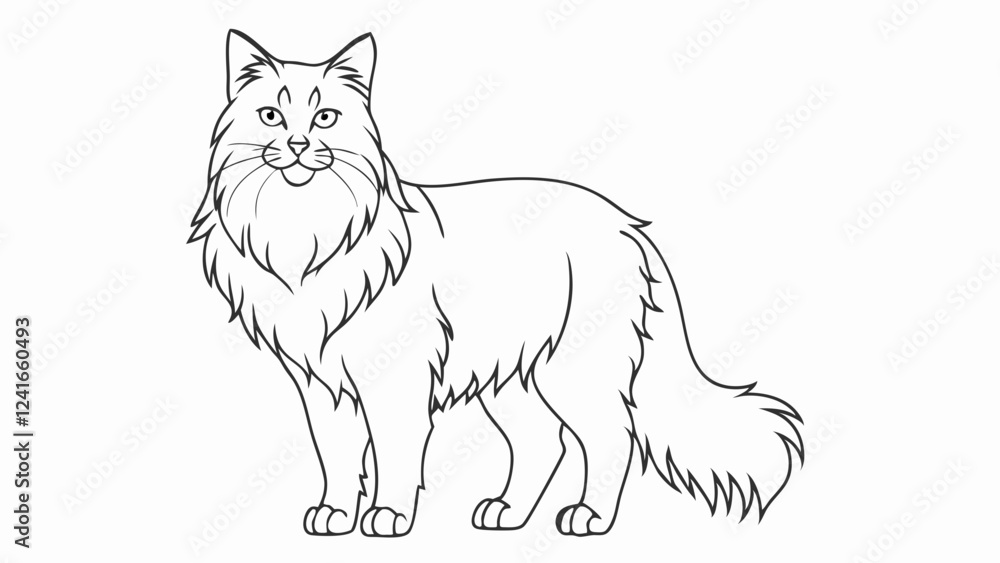 Norwegian Forest Cat standing gracefully in profile view. Elegant line drawing captures flowing fur and majestic posture. Concept of pet portraits, veterinary care, art illustration. Norwegian Forest Cat standing gracefully in profile view. Elegant line drawing captures flowing fur and majestic posture. Concept of pet portraits, veterinary care, art illustration.