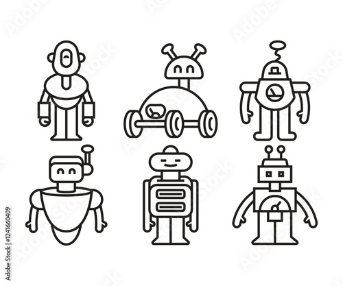 robot character icons set line vector illustration