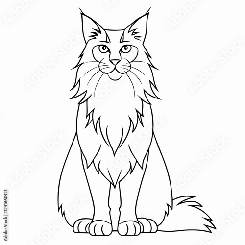 Cartoonish Maine Coon cat sitting upright facing viewer, simple style emphasizing characteristic features. Concept of pet illustration, feline education, breed awareness.