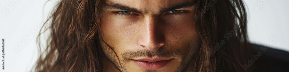 A close-up shot of a man's face with long hair, suitable for use in a variety of contexts including music, art, and editorial content A close-up shot of a man's face with long hair, suitable for use in a variety of contexts including music, art, and editorial content