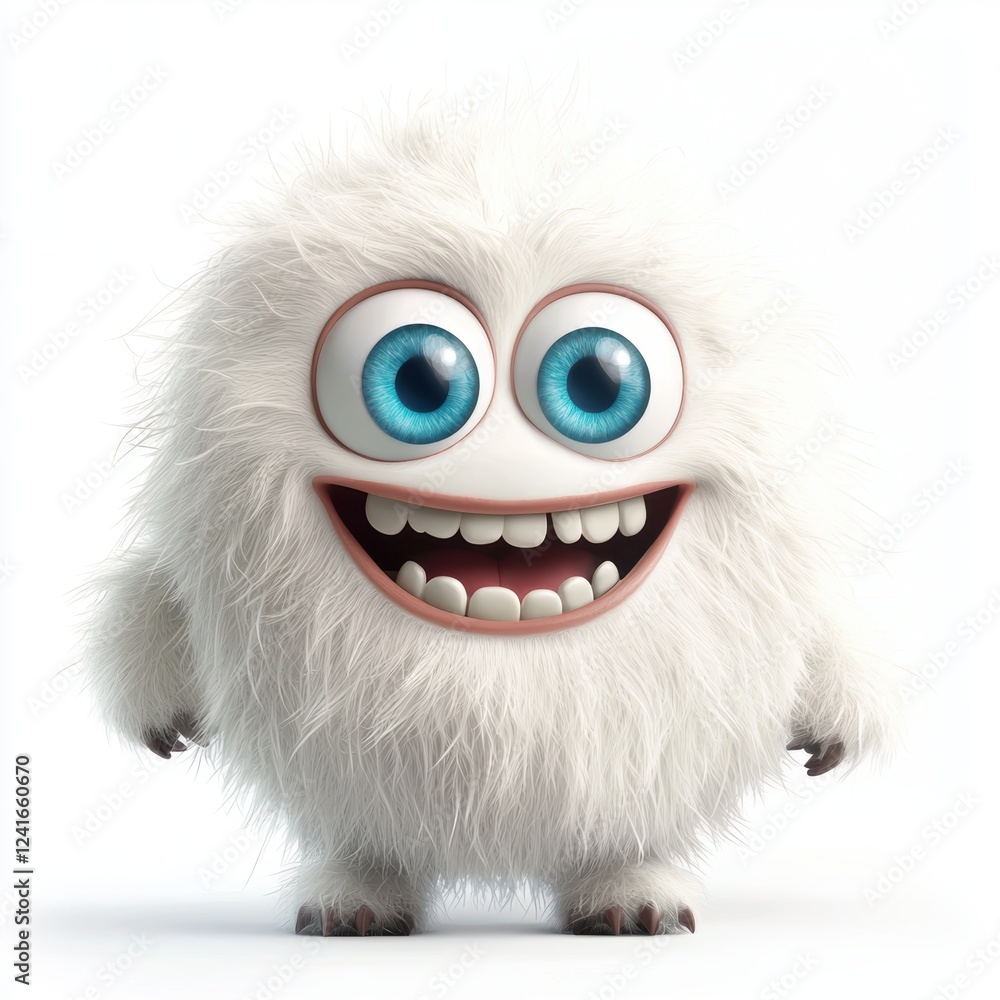 friendly yeti with fluffy white fur and big blue eyes, smiling happily, isolated on white friendly yeti with fluffy white fur and big blue eyes, smiling happily, isolated on white