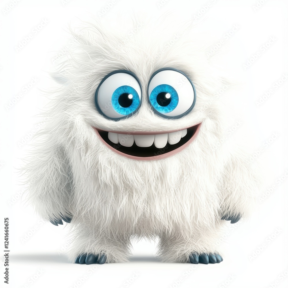 friendly yeti with fluffy white fur and big blue eyes, smiling happily, isolated on white friendly yeti with fluffy white fur and big blue eyes, smiling happily, isolated on white