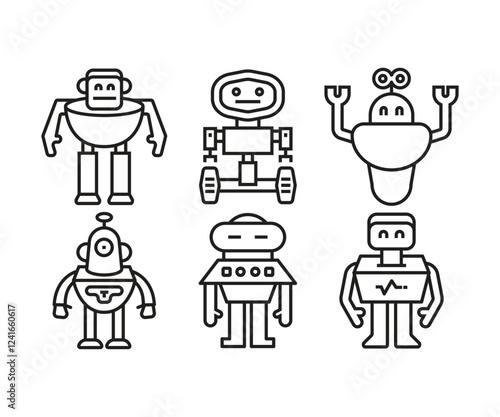 robot character icons set line vector illustration