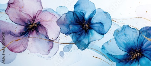 Fototapeta Naklejka Na Ścianę i Meble -  Ultra-modern mockup background with watercolor splashes in feminine pastel shades, modern floral line art, and subtle golden glitter details