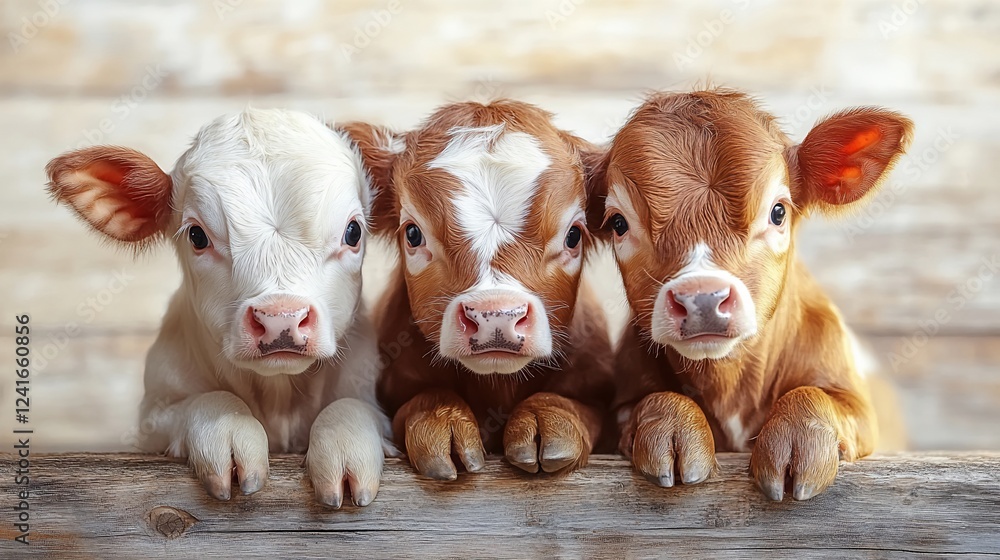Fototapeta premium Three calves, barn backdrop, cute farm animals, rustic setting, stock photo