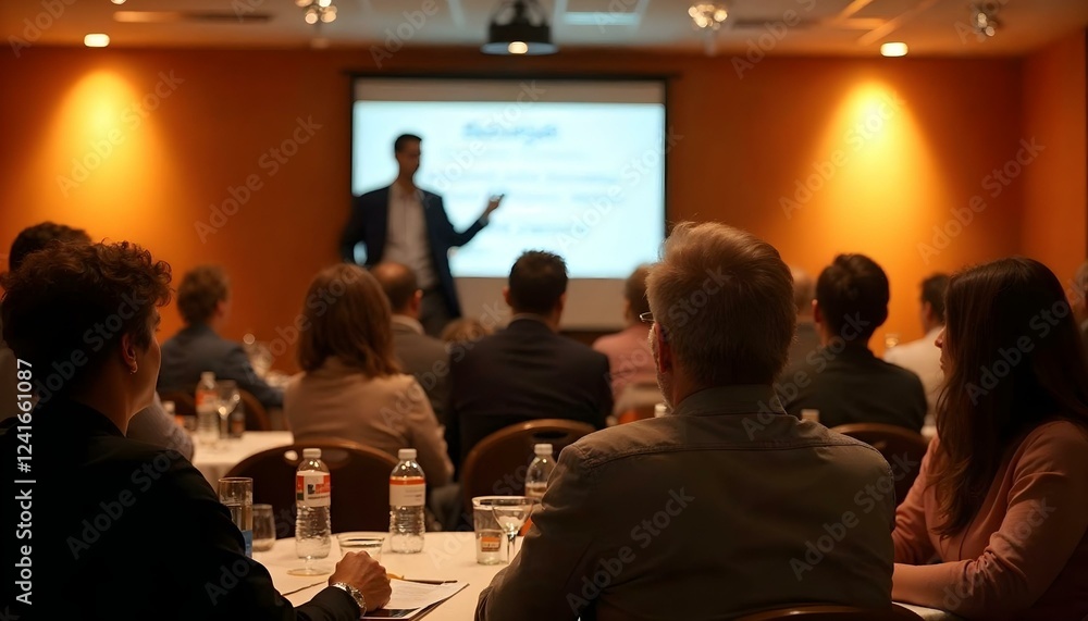 A business conference with a group seated at round tables, focused on a speaker with a projector. A business conference with a group seated at round tables, focused on a speaker with a projector.
