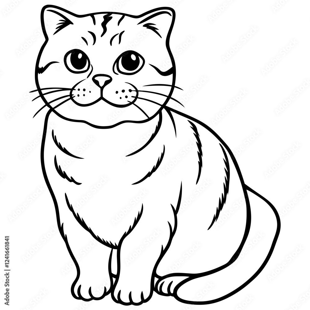 Obraz premium Tabby cat in relaxed sitting pose, simple stripes show classic markings. Inquisitive expression with direct camera gaze. Concept of pet adoption, animal shelter, cat care.