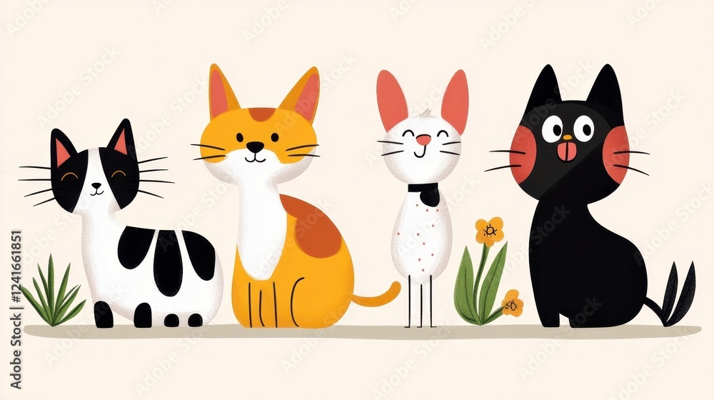 Obraz premium Charming Cartoon Cats and Kittens in a Whimsical Design