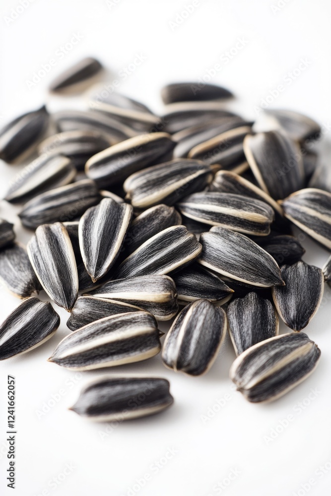 A collection of sunflower seeds on a white background, perfect for food or decorative uses A collection of sunflower seeds on a white background, perfect for food or decorative uses