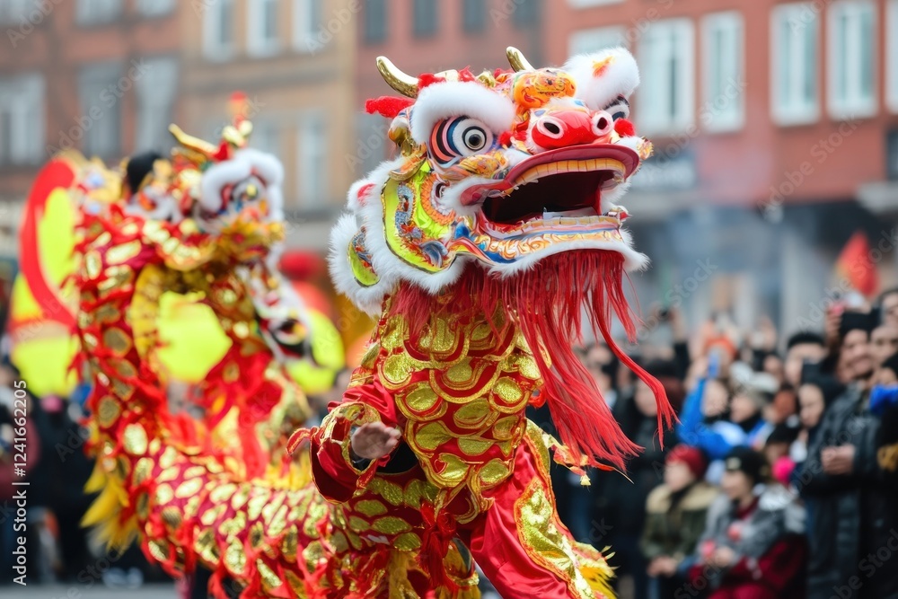 Fototapeta premium Crowds gather in a bustling street to witness a lively traditional Chinese dragon dance, surrounded by festive decor