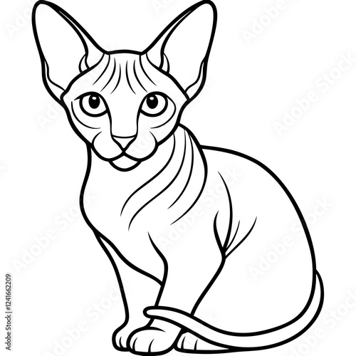 Sphynx cat sitting in profile with almond eyes gazing forward. Minimalist line drawing emphasizes unique hairless features. Concept of exotic pets, veterinary specialties, modern art.