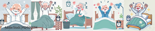 vector of an elderly person waking up while raising his hands