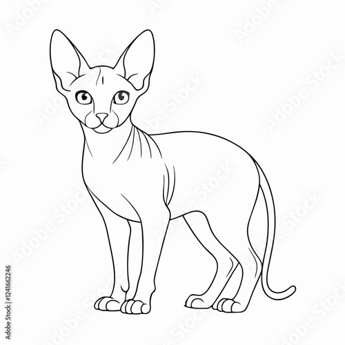 Sphynx cat standing and looking forward with expressive eyes. Elegant line drawing shows distinctive hairless form and large ears. Concept of exotic breeding, pet care, artistic design.