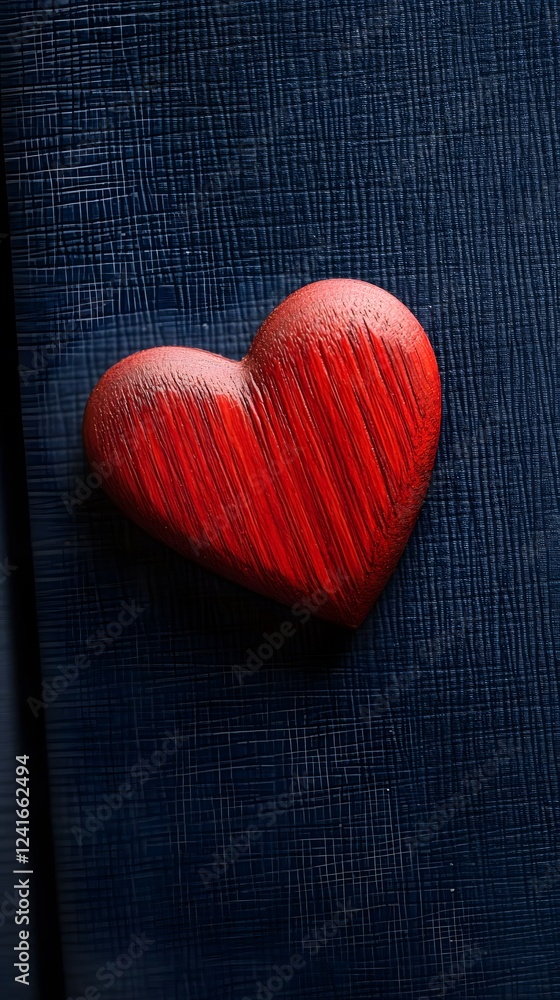 A simple red heart-shaped wooden bookmark is placed on the edge of an open navy blue notebook
A simple red heart-shaped wooden bookmark is placed on the edge of an open navy blue notebook