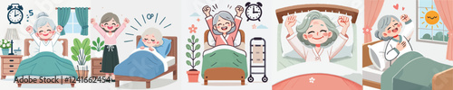vector of an elderly person waking up while raising his hands