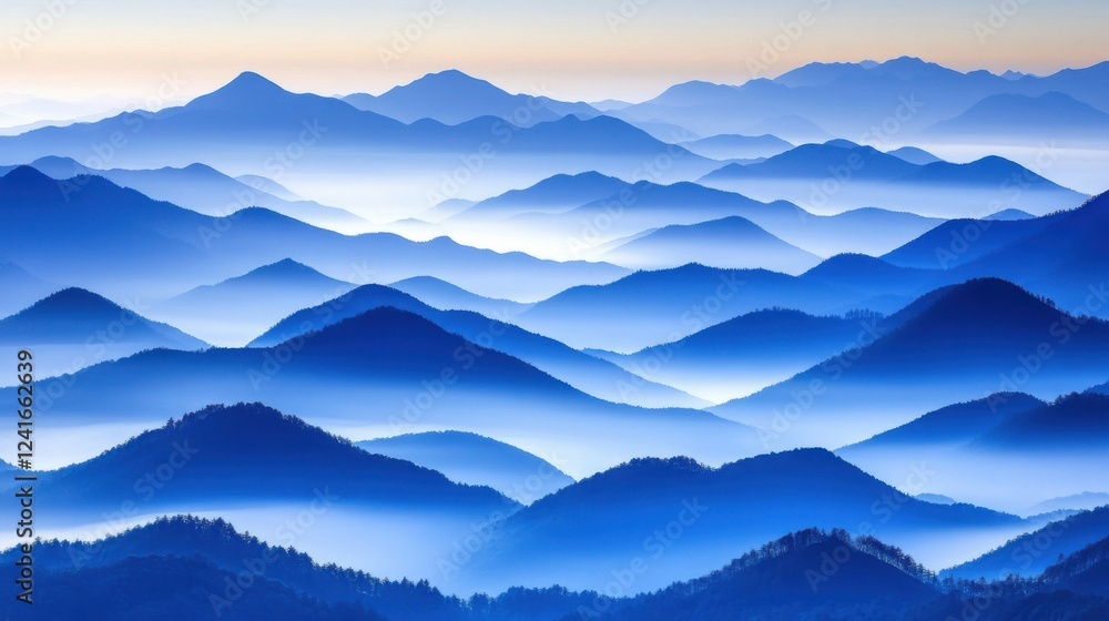 Serene Blue Mountain Range Under Soft Morning Light in Fog Serene Blue Mountain Range Under Soft Morning Light in Fog