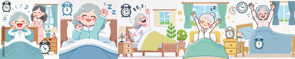 vector of an elderly person waking up while raising his hands