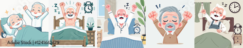 vector of an elderly person waking up while raising his hands