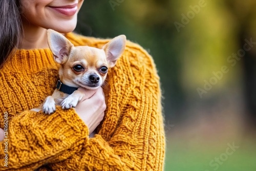 In a vibrant orange sweater, a woman holds her small Chihuahua close, enjoying a moment of warmth in an autumn atmosphere