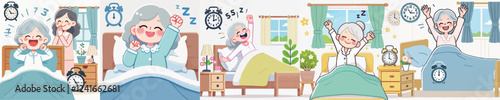 vector of an elderly person waking up while raising his hands