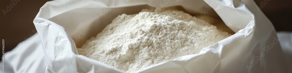 A bag of flour sits on a table, ready for use in baking or cooking A bag of flour sits on a table, ready for use in baking or cooking