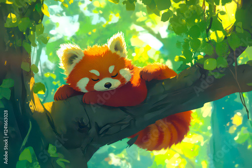 A charming red panda nestled in a tree. photo