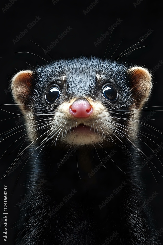 Close-up portrait of curious ferret with bright eyes and pink nose against dark background, showing detailed fur texture and whiskers in dramatic lighting. Close-up portrait of curious ferret with bright eyes and pink nose against dark background, showing detailed fur texture and whiskers in dramatic lighting.
