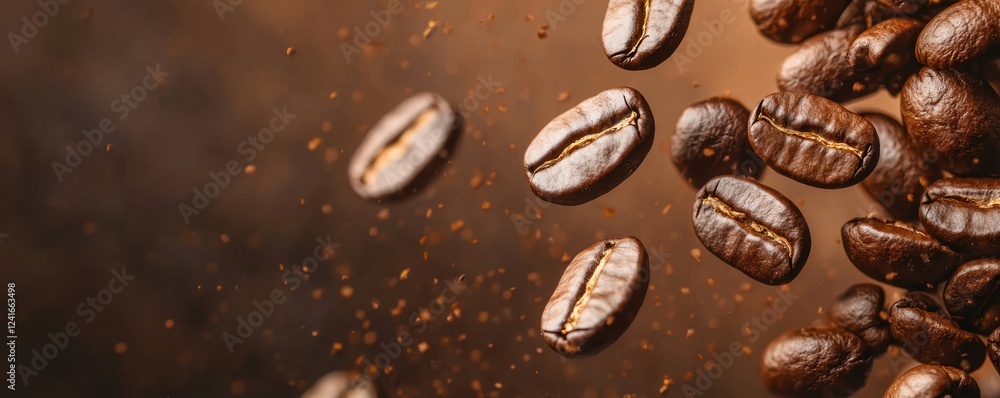 A close-up of roasted coffee beans floating against a warm, blurred background, highlighting their rich texture and color. A close-up of roasted coffee beans floating against a warm, blurred background, highlighting their rich texture and color.