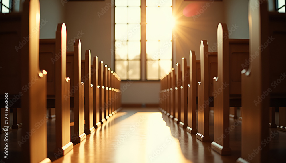 Sunlight streaming through church windows illuminating wooden pews in a serene atmosphere Sunlight streaming through church windows illuminating wooden pews in a serene atmosphere