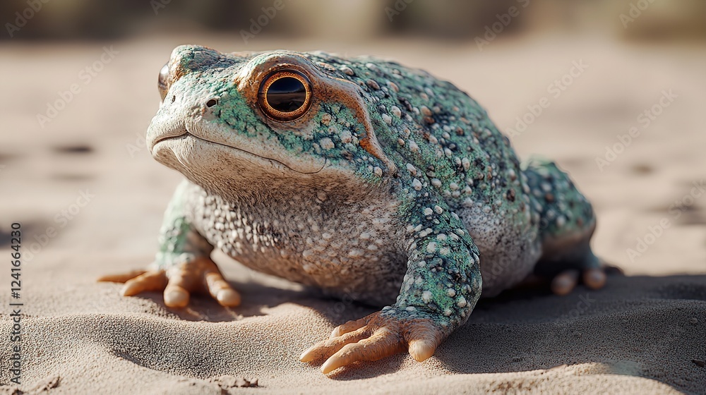 Close-up of a vibrant toad resting on sandy terrain. Close-up of a vibrant toad resting on sandy terrain.