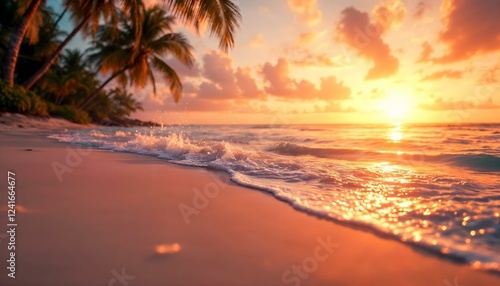 A tropical beach at sunset with golden ocean waves, palm silhouettes, and serene atmosphere.