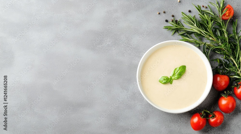 Creamy soup, herbs, tomatoes, gray background, food blog Creamy soup, herbs, tomatoes, gray background, food blog