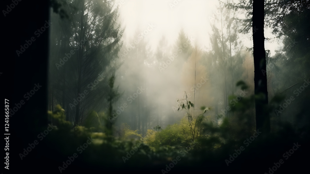 Fototapeta premium A forest with foggy trees and a misty atmosphere