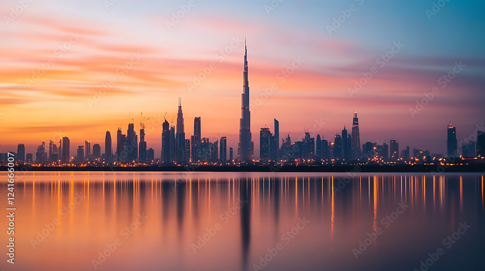 Obraz premium A city skyline is reflected in the water