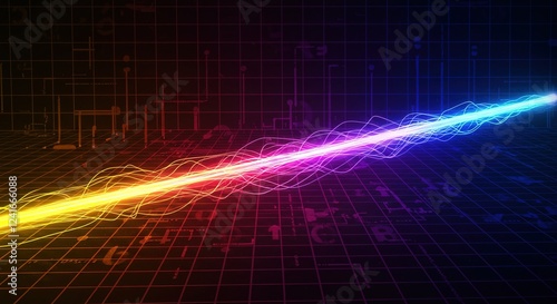 Vibrant neon energy beam streaks across a dark grid background. Intricate glowing lines and data streams create a futuristic, technological aesthetic.