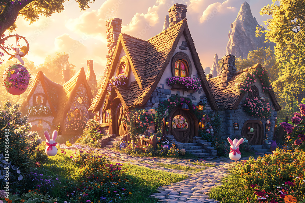Fototapeta premium Whimsical Easter Cottage Village with Bunnies and Festive Decorations