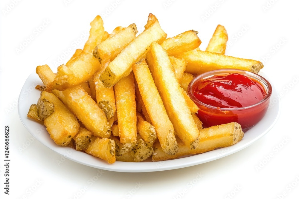 A plate of crispy French fries served with ketchup, perfect for a snack or side dish A plate of crispy French fries served with ketchup, perfect for a snack or side dish