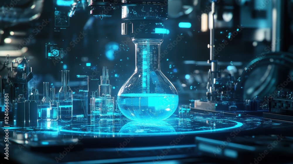 A medium closeup image of a laboratory hood in action showing a vibrant chemical reaction occurring within a beaker p underneath. The AI sensors highlighted by a soft blue glow monitor A medium closeup image of a laboratory hood in action showing a vibrant chemical reaction occurring within a beaker p underneath. The AI sensors highlighted by a soft blue glow monitor