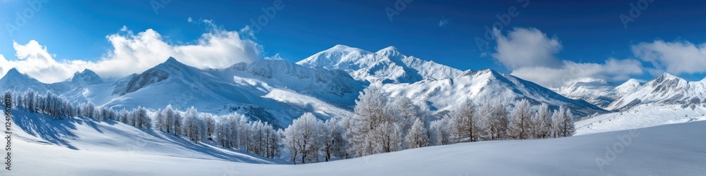A serene snowy mountain range with trees in the foreground, perfect for winter scenes or outdoor activities A serene snowy mountain range with trees in the foreground, perfect for winter scenes or outdoor activities