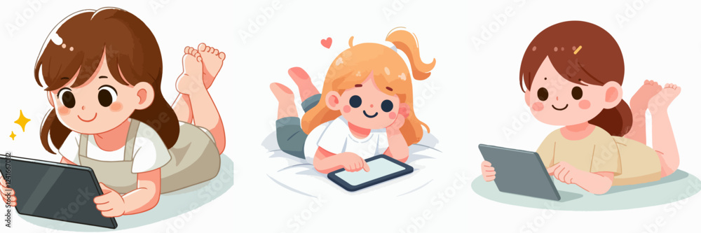 vector of a child using a tablet while relaxing vector of a child using a tablet while relaxing