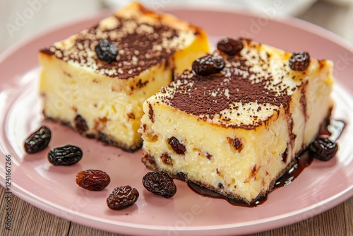 Wallpaper Mural Two pieces of cheese casserole with raisins, sprinkled with chocolate sauce in a pink plate. Torontodigital.ca