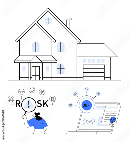 Large house with garage, person analyzing risks using magnifier, digital decentralized finance chart. Ideal for real estate, financial security, DeFi, technology, risk management, investments