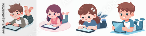 vector of a child using a tablet while relaxing