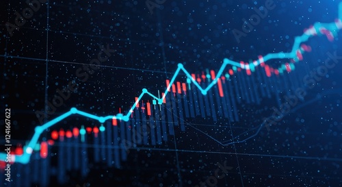 Abstract digital stock market chart with candlestick patterns. Shows fluctuating prices, investment trends, and financial data analysis. Blue and red represent price changes.