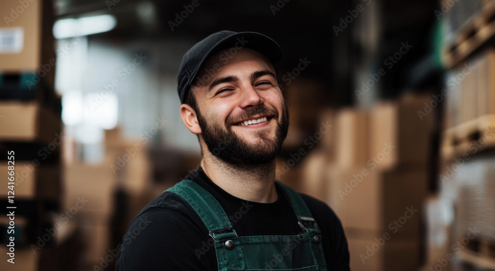 Obraz premium An attractive delivery worker smiles brightly while standing in a busy warehouse filled with stacked boxes and crates