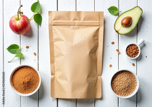 brown linen seed packet white wooden background healthy flaxseed superfood products arranged flat lay